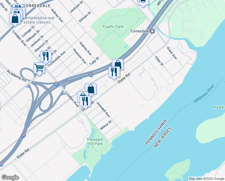 map of restaurants, bars, coffee shops, grocery stores, and more near 71307 Delaire Landing Road in Philadelphia