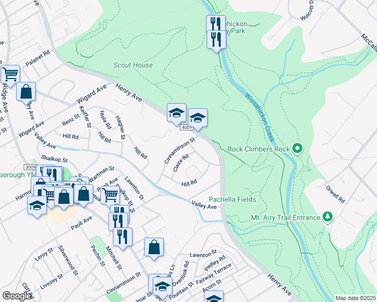 map of restaurants, bars, coffee shops, grocery stores, and more near 775 Claire Road in Philadelphia