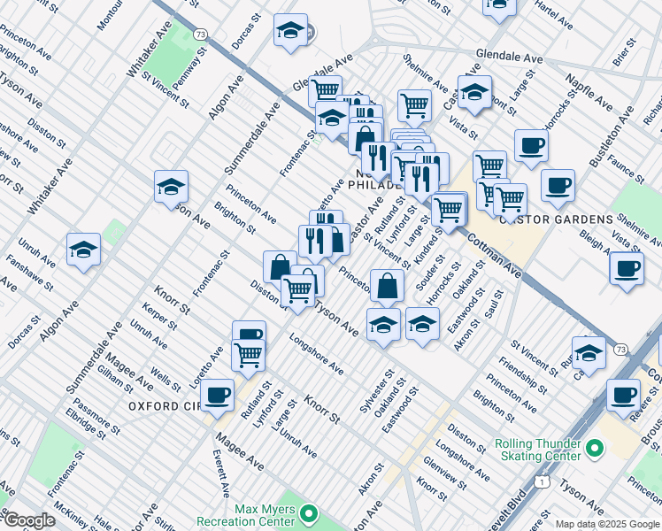 map of restaurants, bars, coffee shops, grocery stores, and more near 7077 Castor Avenue in Philadelphia