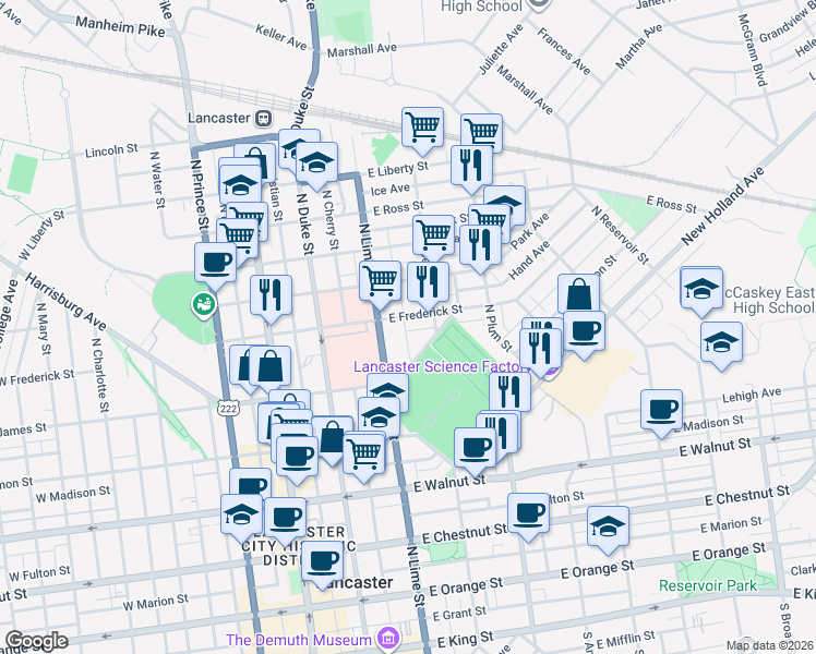 map of restaurants, bars, coffee shops, grocery stores, and more near 231 East Frederick Street in Lancaster