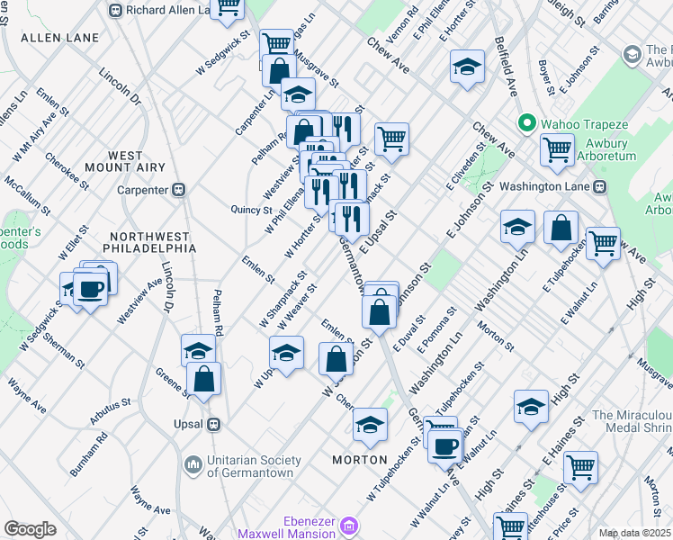 map of restaurants, bars, coffee shops, grocery stores, and more near 15 West Upsal Street in Philadelphia