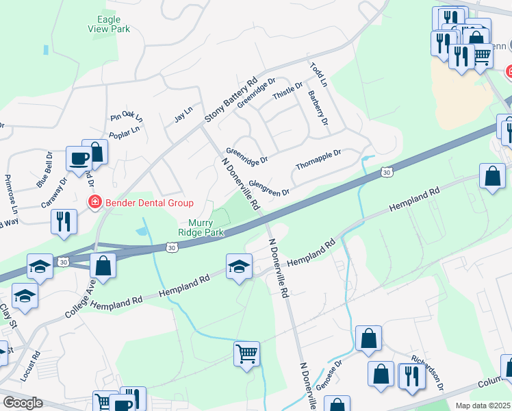 map of restaurants, bars, coffee shops, grocery stores, and more near 311 North Donerville Road in Lancaster