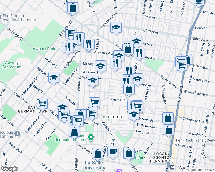 map of restaurants, bars, coffee shops, grocery stores, and more near 6140 North 20th Street in Philadelphia