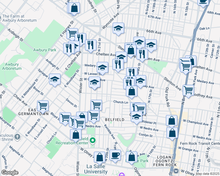 map of restaurants, bars, coffee shops, grocery stores, and more near 6140 North 20th Street in Philadelphia