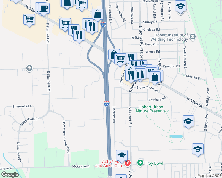 map of restaurants, bars, coffee shops, grocery stores, and more near 1615 Henley Road in Troy