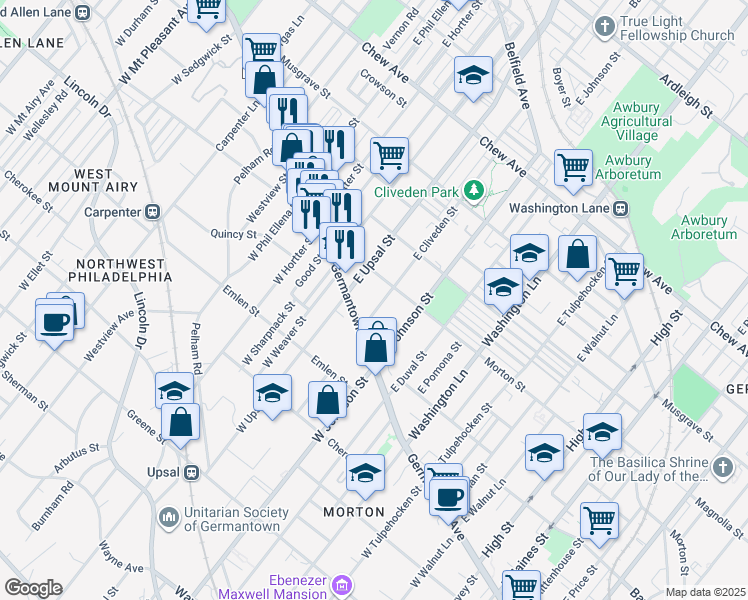 map of restaurants, bars, coffee shops, grocery stores, and more near 100 East Cliveden Street in Philadelphia