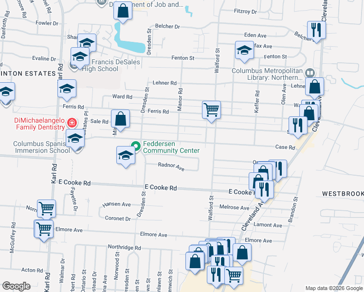 map of restaurants, bars, coffee shops, grocery stores, and more near 1910 Case Road in Columbus