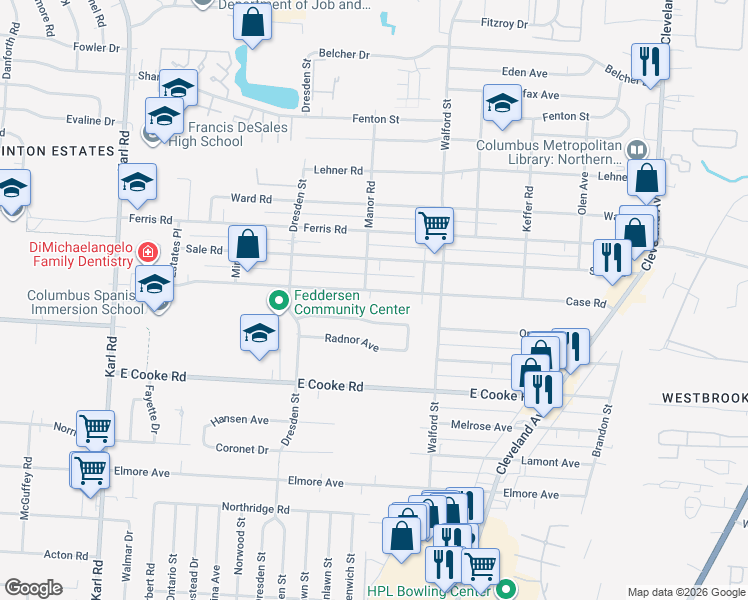 map of restaurants, bars, coffee shops, grocery stores, and more near 1910 Case Road in Columbus