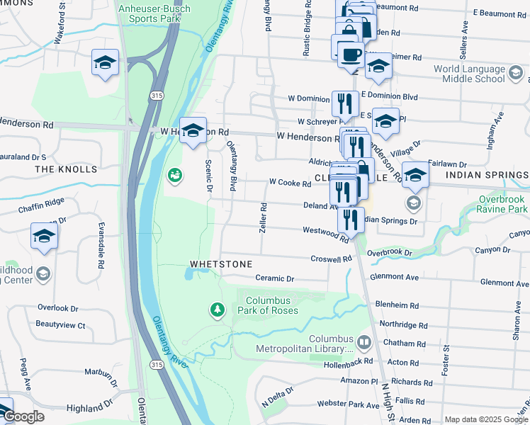 map of restaurants, bars, coffee shops, grocery stores, and more near in Columbus