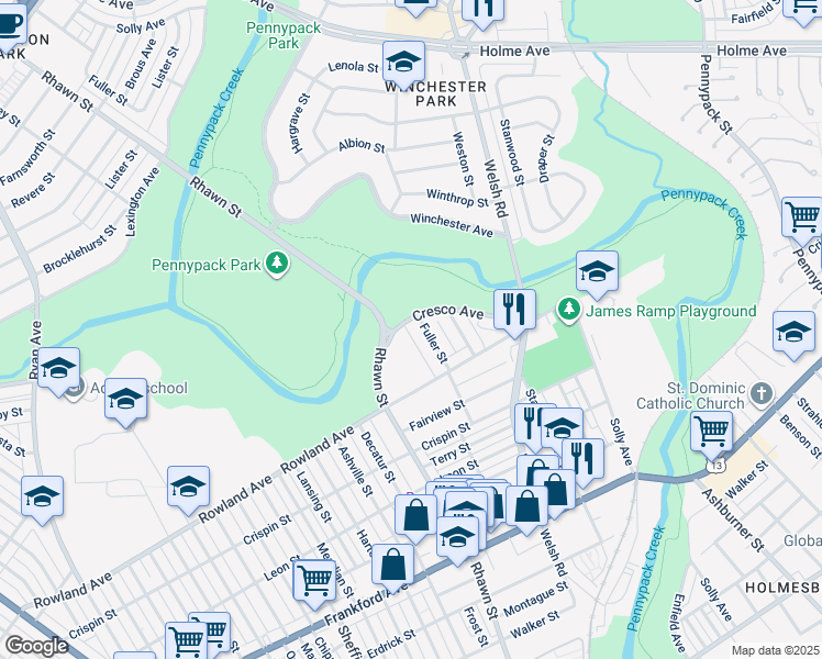 map of restaurants, bars, coffee shops, grocery stores, and more near 8043 Cresco Avenue in Philadelphia