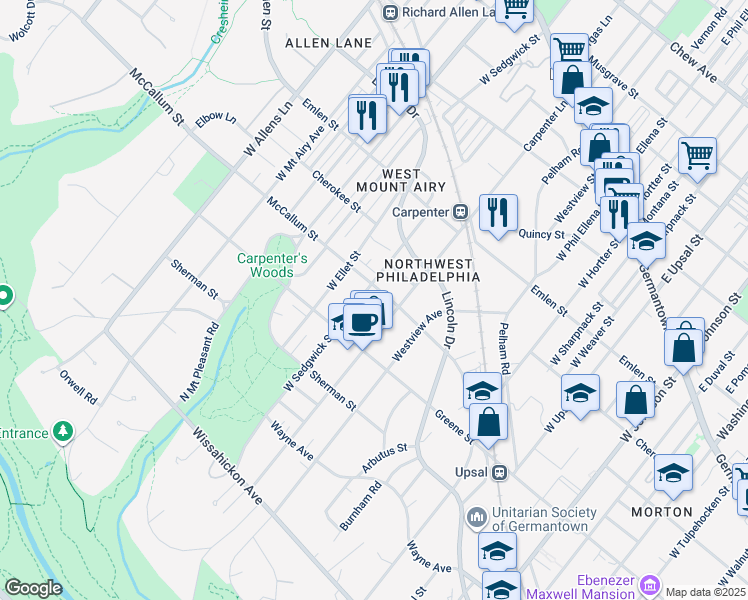 map of restaurants, bars, coffee shops, grocery stores, and more near 6922 McCallum Street in Philadelphia