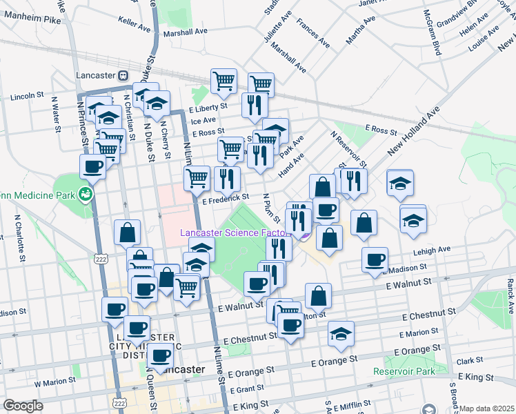 map of restaurants, bars, coffee shops, grocery stores, and more near 346 Maple Avenue in Lancaster