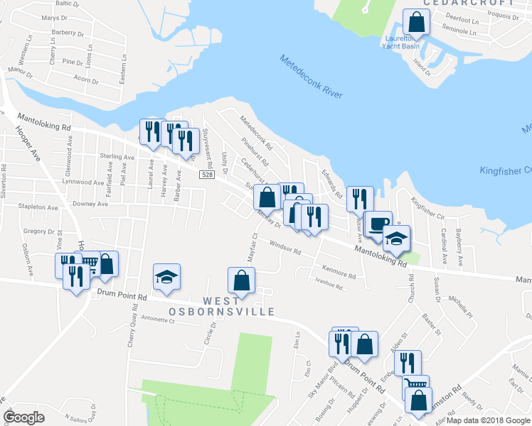 map of restaurants, bars, coffee shops, grocery stores, and more near 683 Mantoloking Road in Brick