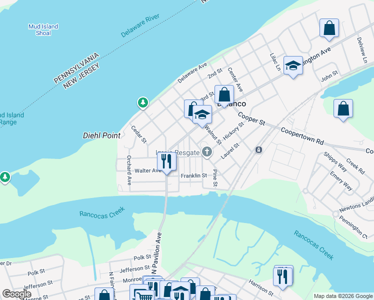 map of restaurants, bars, coffee shops, grocery stores, and more near 526 Ash Street in Delanco