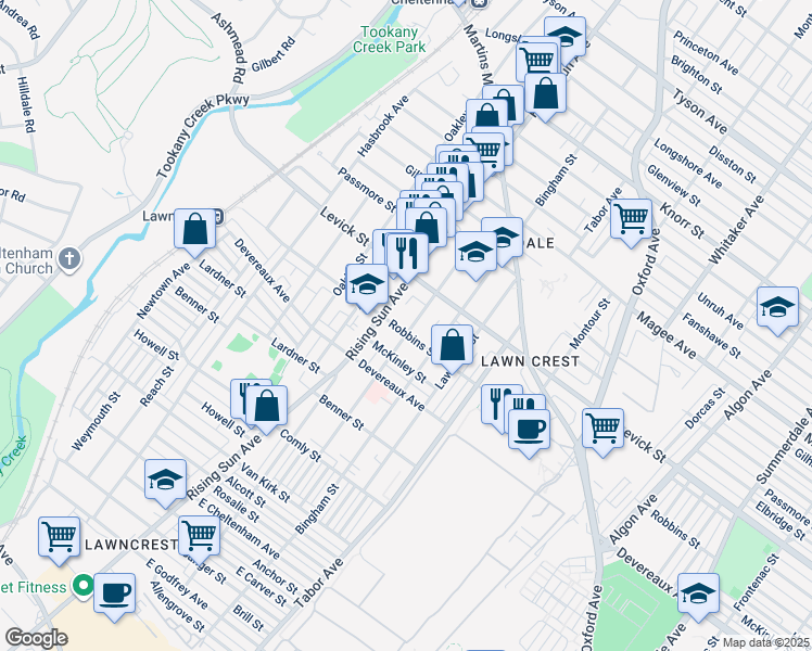 map of restaurants, bars, coffee shops, grocery stores, and more near 513 Robbins Street in Philadelphia