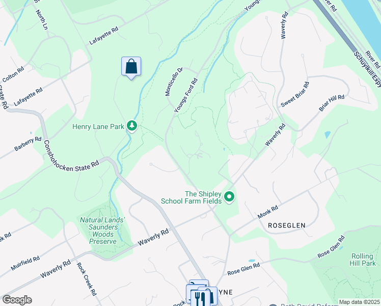 map of restaurants, bars, coffee shops, grocery stores, and more near 1330 Fenimore Lane in Gladwyne