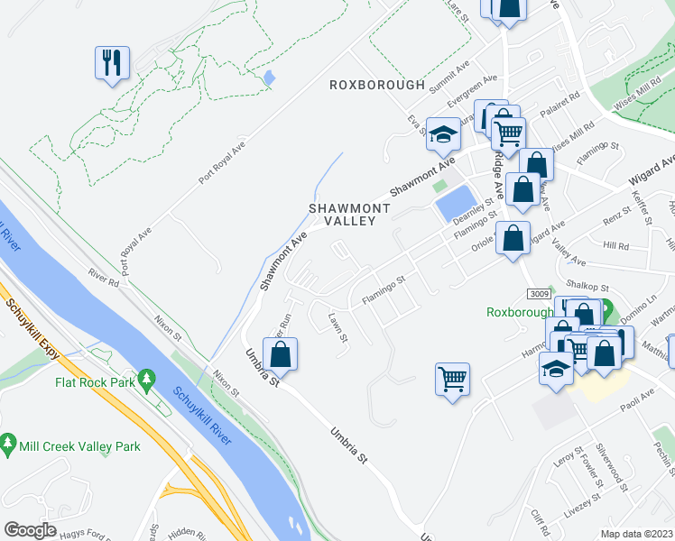 map of restaurants, bars, coffee shops, grocery stores, and more near 427 Shawmont Avenue in Philadelphia