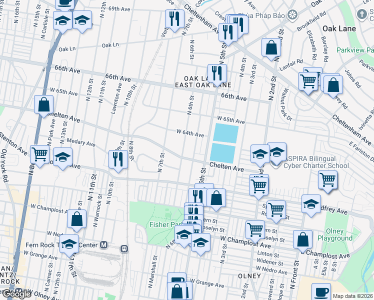 map of restaurants, bars, coffee shops, grocery stores, and more near 6316 North Fairhill Street in Philadelphia