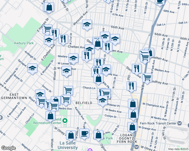 map of restaurants, bars, coffee shops, grocery stores, and more near 6060 Ogontz Avenue in Philadelphia