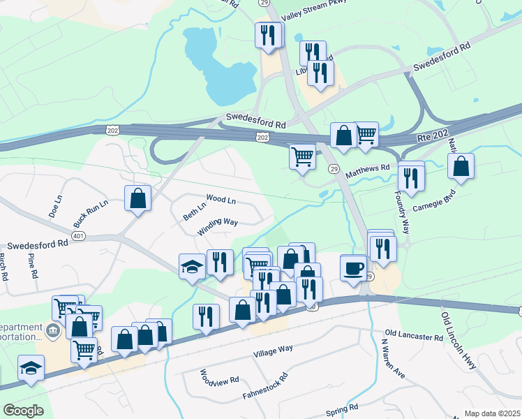 map of restaurants, bars, coffee shops, grocery stores, and more near 35 Wood Lane in Malvern