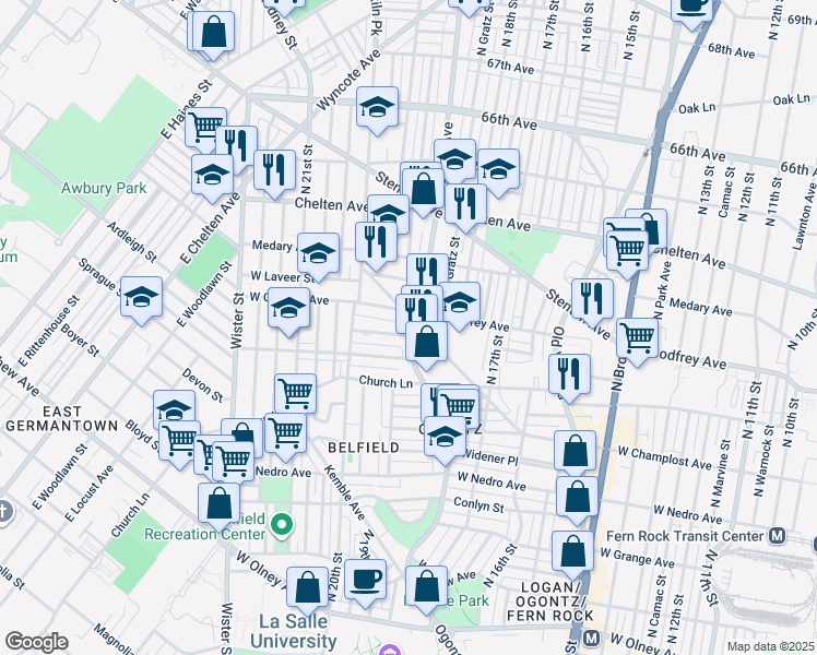 map of restaurants, bars, coffee shops, grocery stores, and more near 6060 Ogontz Avenue in Philadelphia