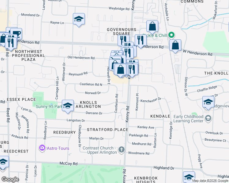 map of restaurants, bars, coffee shops, grocery stores, and more near 4385 Castleton Road in Columbus