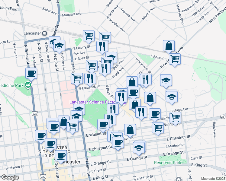 map of restaurants, bars, coffee shops, grocery stores, and more near 732 North Marshall Street in Lancaster
