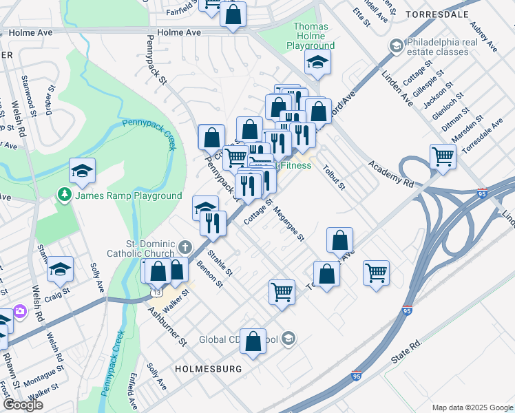 map of restaurants, bars, coffee shops, grocery stores, and more near 8732 Cottage Street in Philadelphia