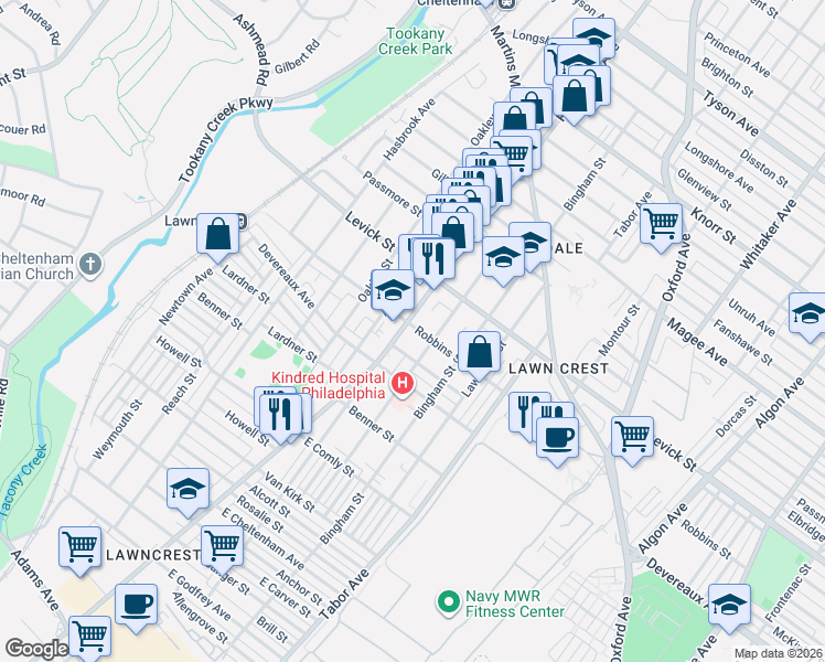 map of restaurants, bars, coffee shops, grocery stores, and more near 6313 Rising Sun Avenue in Philadelphia