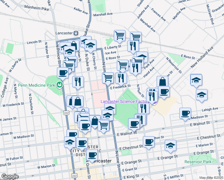 map of restaurants, bars, coffee shops, grocery stores, and more near 214 East Frederick Street in Lancaster