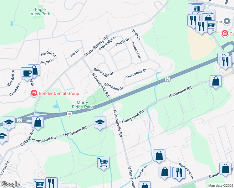 map of restaurants, bars, coffee shops, grocery stores, and more near 3222 Oakglen Court in Lancaster