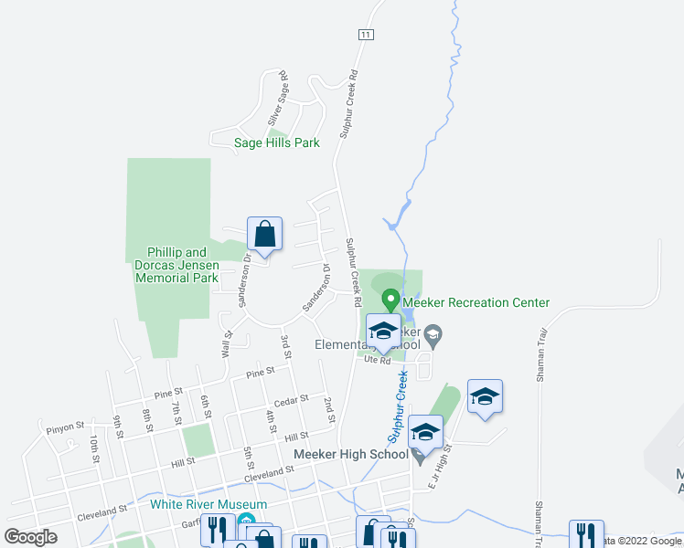 map of restaurants, bars, coffee shops, grocery stores, and more near 1038 Shults Drive in Meeker