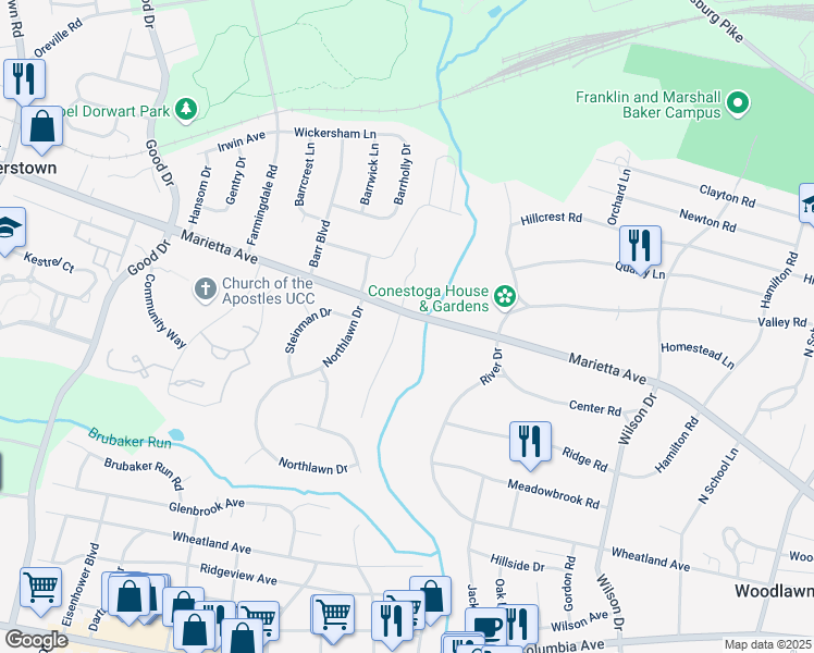 map of restaurants, bars, coffee shops, grocery stores, and more near 669 Oakwood Lane in Lancaster