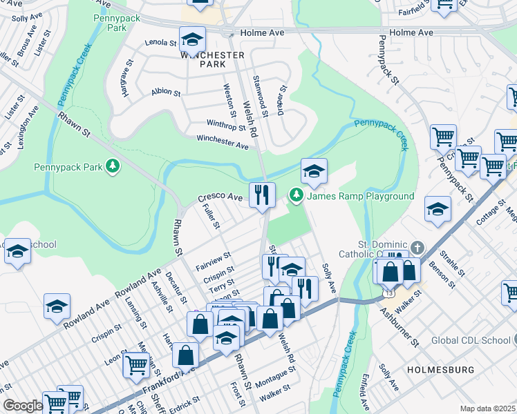map of restaurants, bars, coffee shops, grocery stores, and more near 8126 Rowland Avenue in Philadelphia