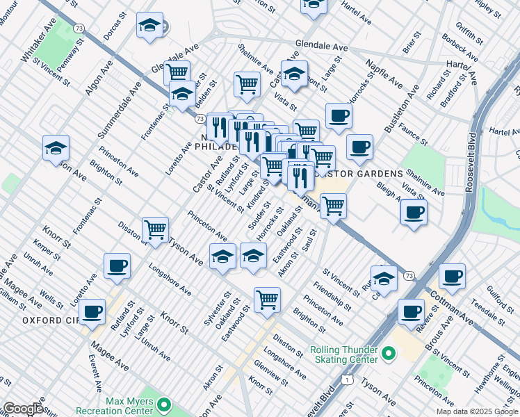 map of restaurants, bars, coffee shops, grocery stores, and more near 7220 Souder Street in Philadelphia