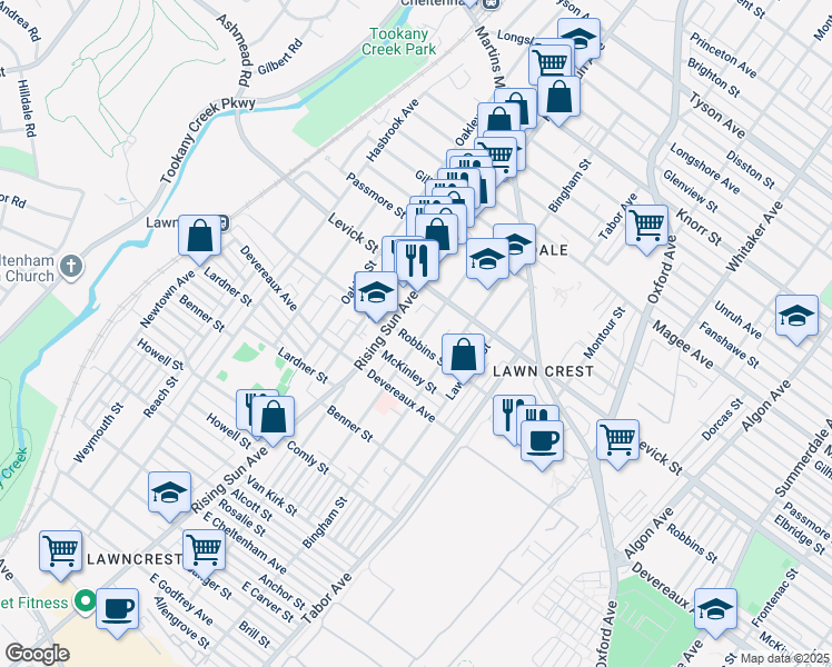 map of restaurants, bars, coffee shops, grocery stores, and more near 513 Robbins Street in Philadelphia