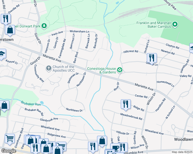 map of restaurants, bars, coffee shops, grocery stores, and more near 669 Oakwood Lane in Lancaster