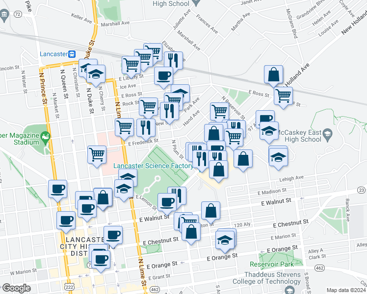 map of restaurants, bars, coffee shops, grocery stores, and more near 423 Reynolds Avenue in Lancaster