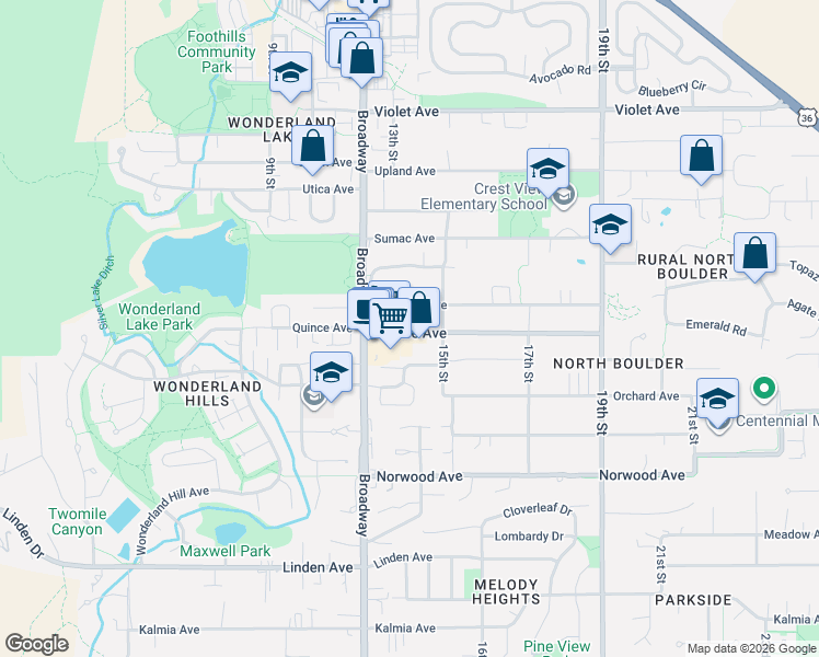 map of restaurants, bars, coffee shops, grocery stores, and more near 1401 Quince Avenue in Boulder