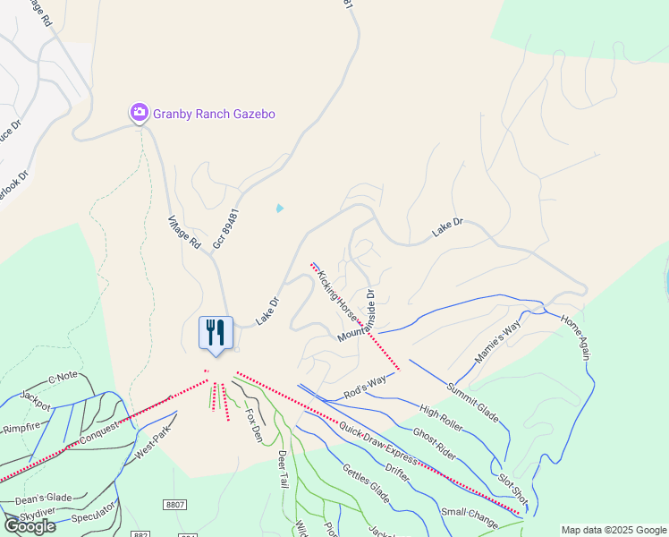 map of restaurants, bars, coffee shops, grocery stores, and more near 104 North Star Trail in Granby