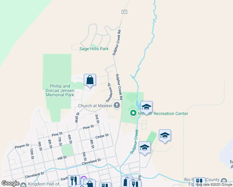 map of restaurants, bars, coffee shops, grocery stores, and more near 1038 Shults Drive in Meeker