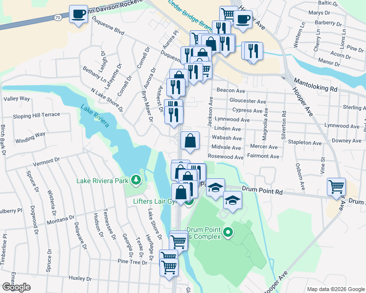 map of restaurants, bars, coffee shops, grocery stores, and more near 451 Brick Boulevard in Brick Township