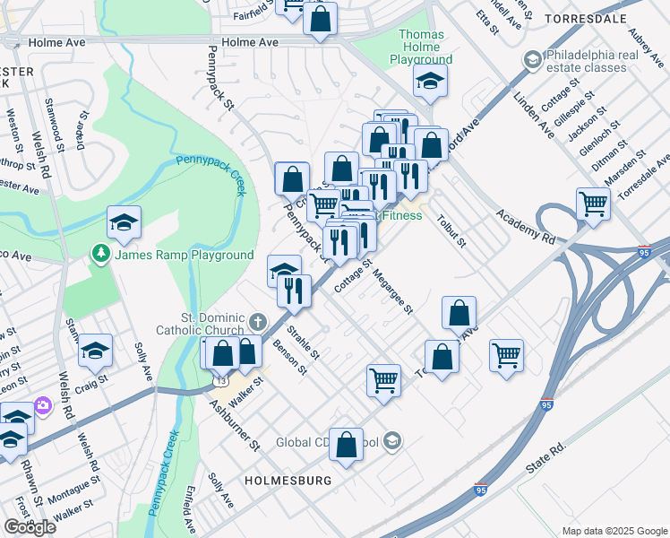 map of restaurants, bars, coffee shops, grocery stores, and more near 3920 Pennypack Street in Philadelphia