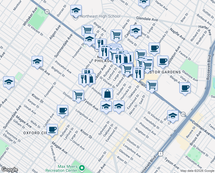 map of restaurants, bars, coffee shops, grocery stores, and more near 7200 Large Street in Philadelphia