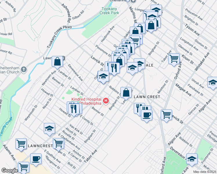 map of restaurants, bars, coffee shops, grocery stores, and more near 6313 Rising Sun Avenue in Philadelphia