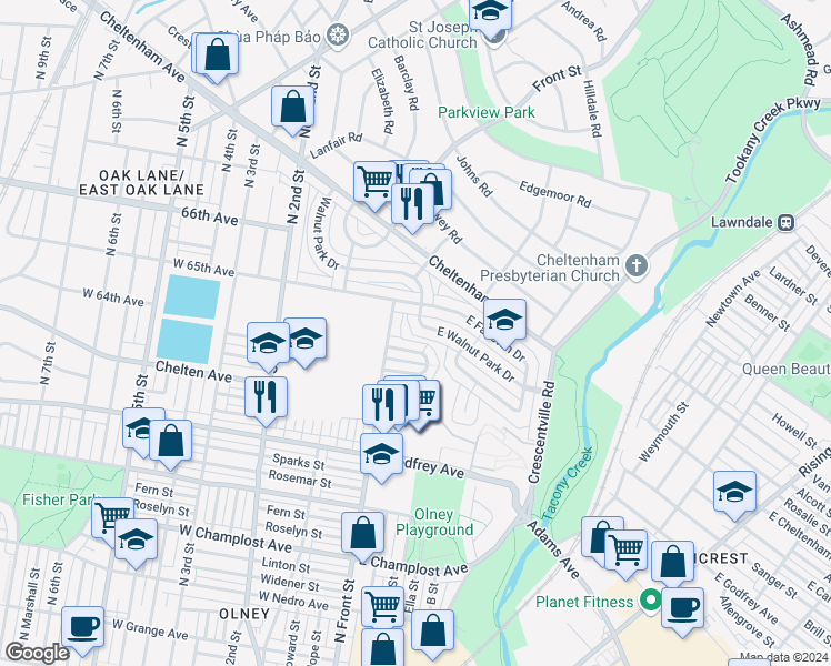 map of restaurants, bars, coffee shops, grocery stores, and more near 157 East Walnut Park Drive in Philadelphia