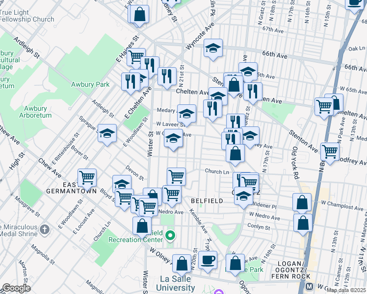 map of restaurants, bars, coffee shops, grocery stores, and more near 6153 North Lambert Street in Philadelphia