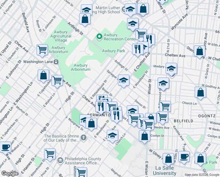 map of restaurants, bars, coffee shops, grocery stores, and more near 936 East Price Street in Philadelphia