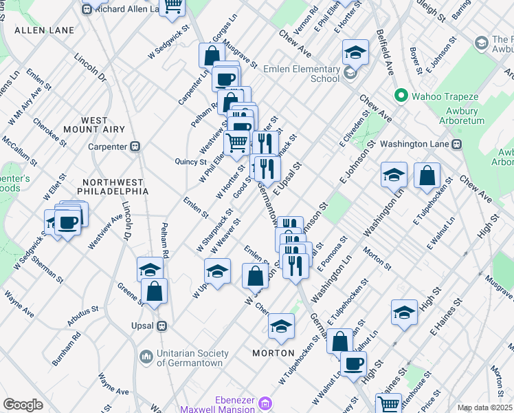 map of restaurants, bars, coffee shops, grocery stores, and more near 34 West Sharpnack Street in Philadelphia