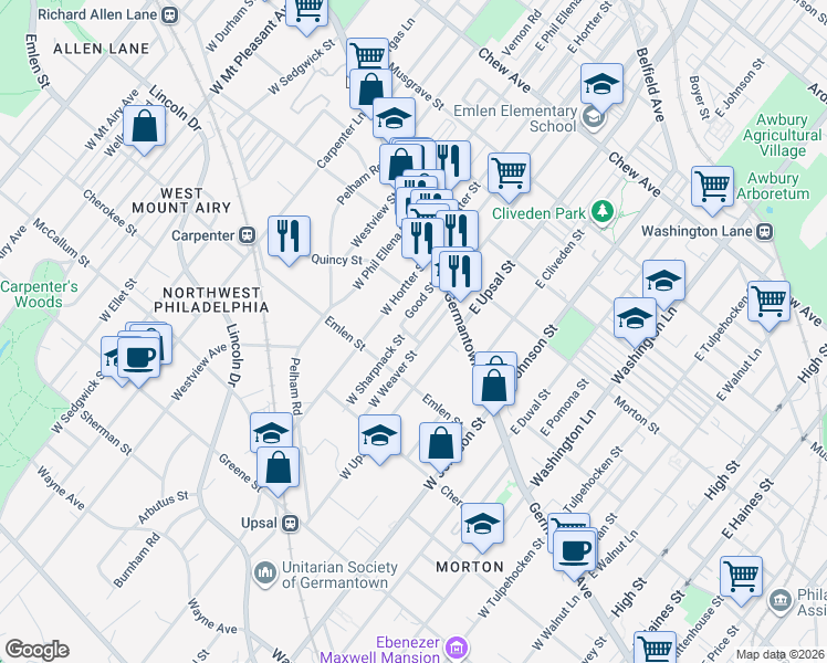 map of restaurants, bars, coffee shops, grocery stores, and more near 63 Good Street in Philadelphia
